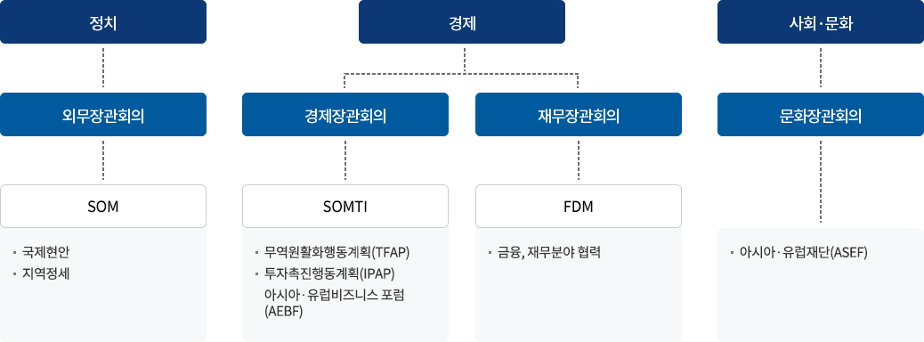 
                            정치 : 외무장관회의 -> SOM (재무분야input제공, 인권문제, WMD, 다자주의, 지역문제(북핵논의등) 논의)/경제: 경제장관회의 -> SOMTI ( 무역원활화행동계획(TRAP), 투자촉진행동계획 (IPAP), 아시아,유럽비지니스 포럼 )/사회문화: 아시아유럽재단(ASEF), 아시아,유럽 젊은지도자 회의, 아동복지, ASEM Duo 장학사업등
                            